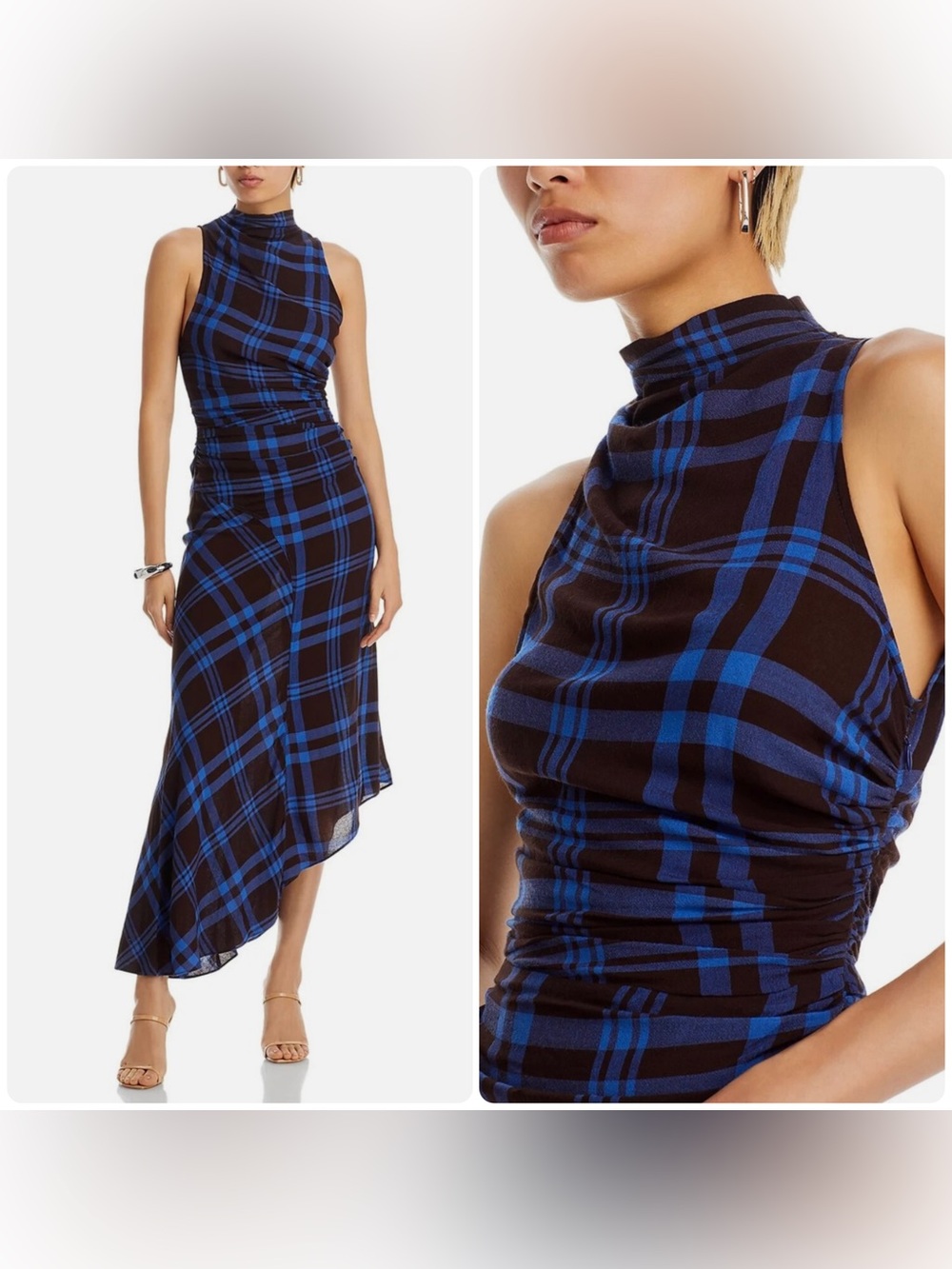 New! A.L.C. Iggy Brown, Royal Plaid Sleeveless High Neck Maxi Dress 💙 4 NWT!